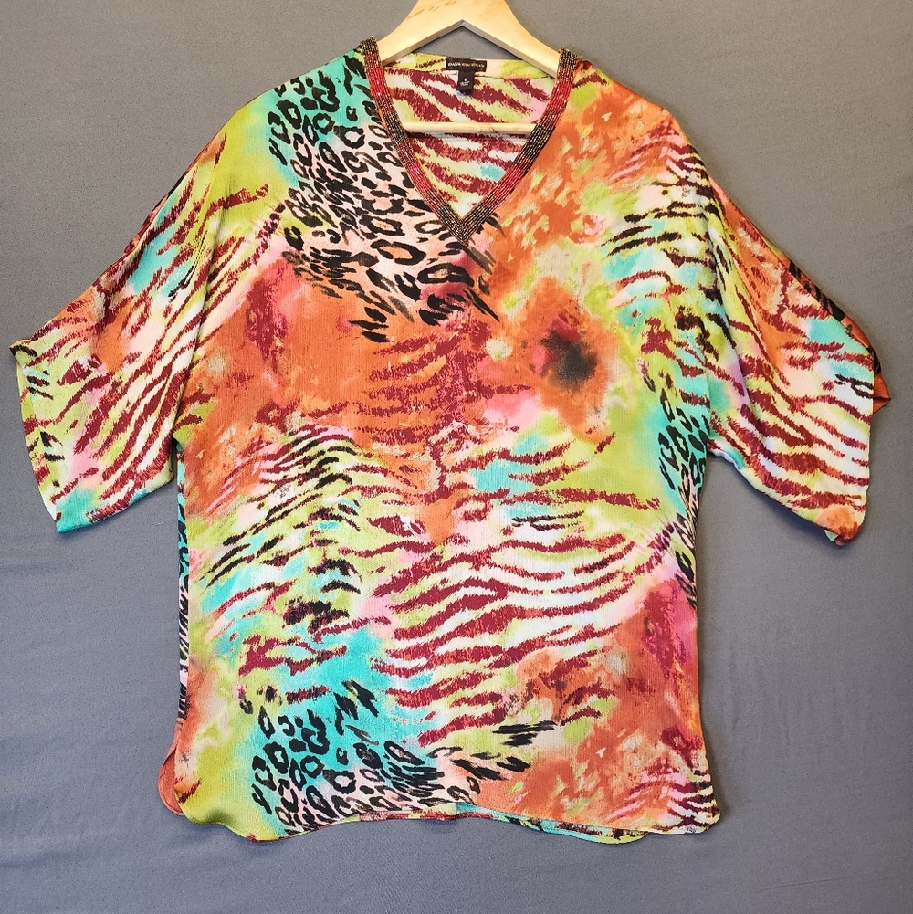 Dana Buchman Beaded Tunic Blouse Animal Print Colorful V-Neck Boho Kimono Small